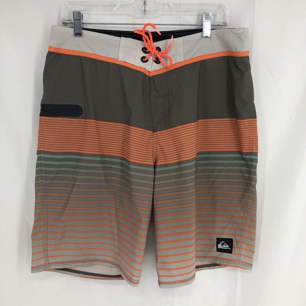 Quiksilver Swim Trunks Green Orange Ombre Striped Zip Pocket Board Shorts 34